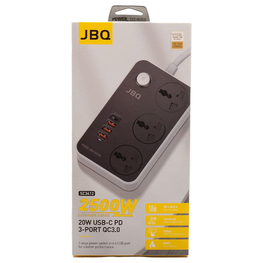 JBQ SC3412 3 Power Socket + 20W USB-C PD + 3 USB QC3.0 Extension Power Cord