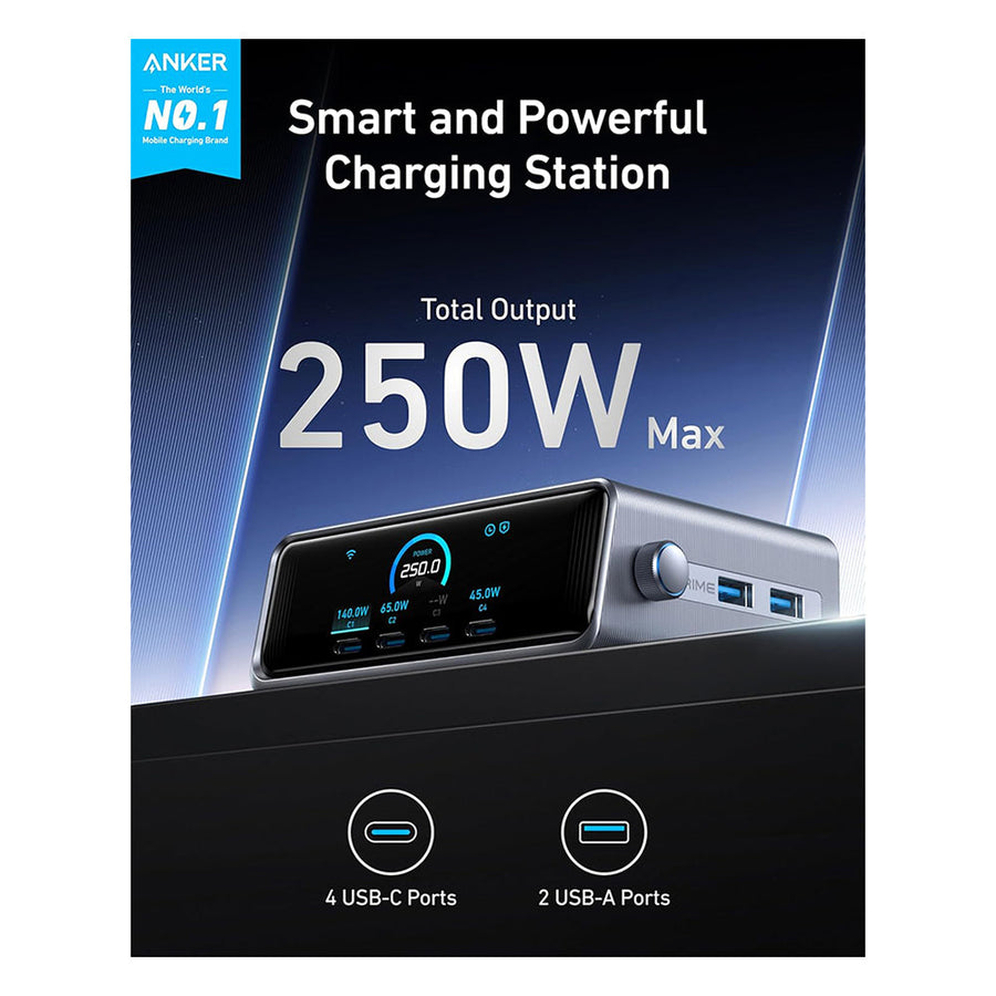 Anker Prime Charger (250W, GaN, 6 Ports,2.26″ LCD Display and Smart Control Dial)