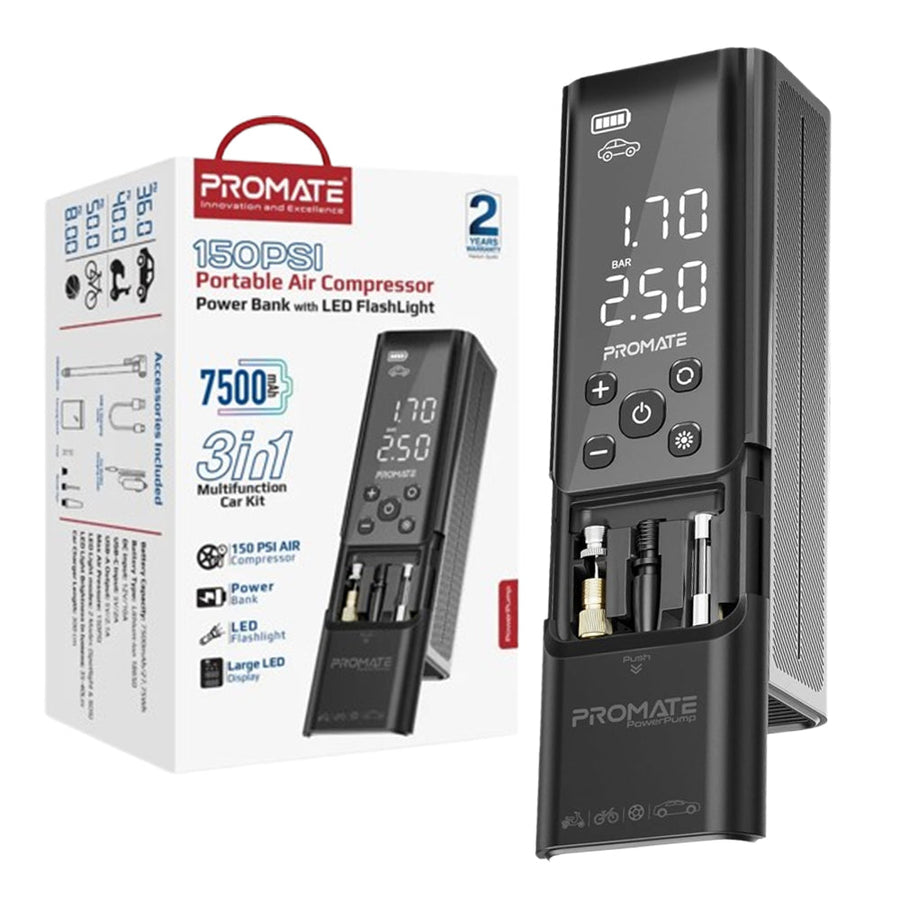 Promate PowerPump Portable Air Compressor, 3-in-1 Power Bank
