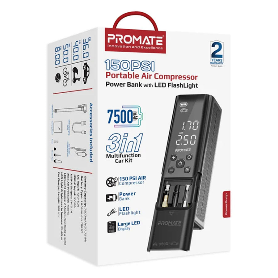 Promate PowerPump Portable Air Compressor, 3-in-1 Power Bank