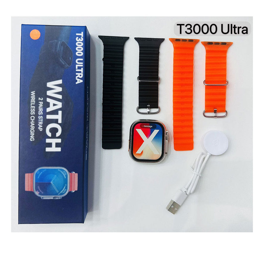 T3000 Ultra Smart Watch Series 9  Black Case with Black and Orange Straps