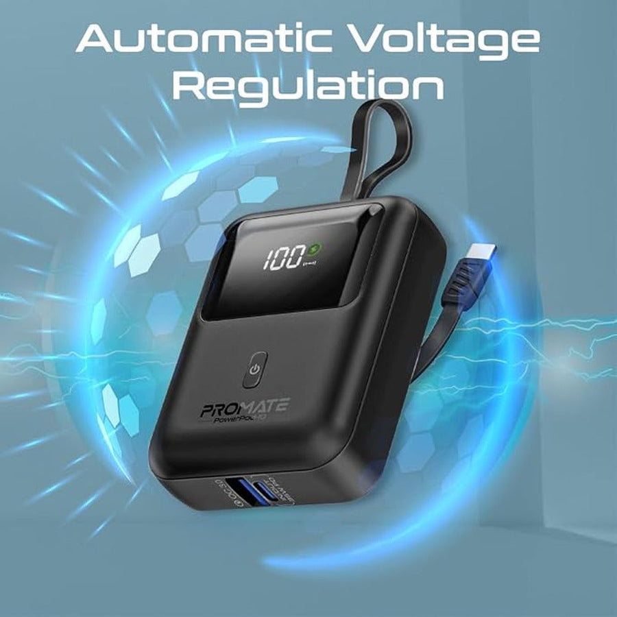 Promate PowerPod-10 10,000mAh 35W Compact Power Bank with Built-In USB-C Cable