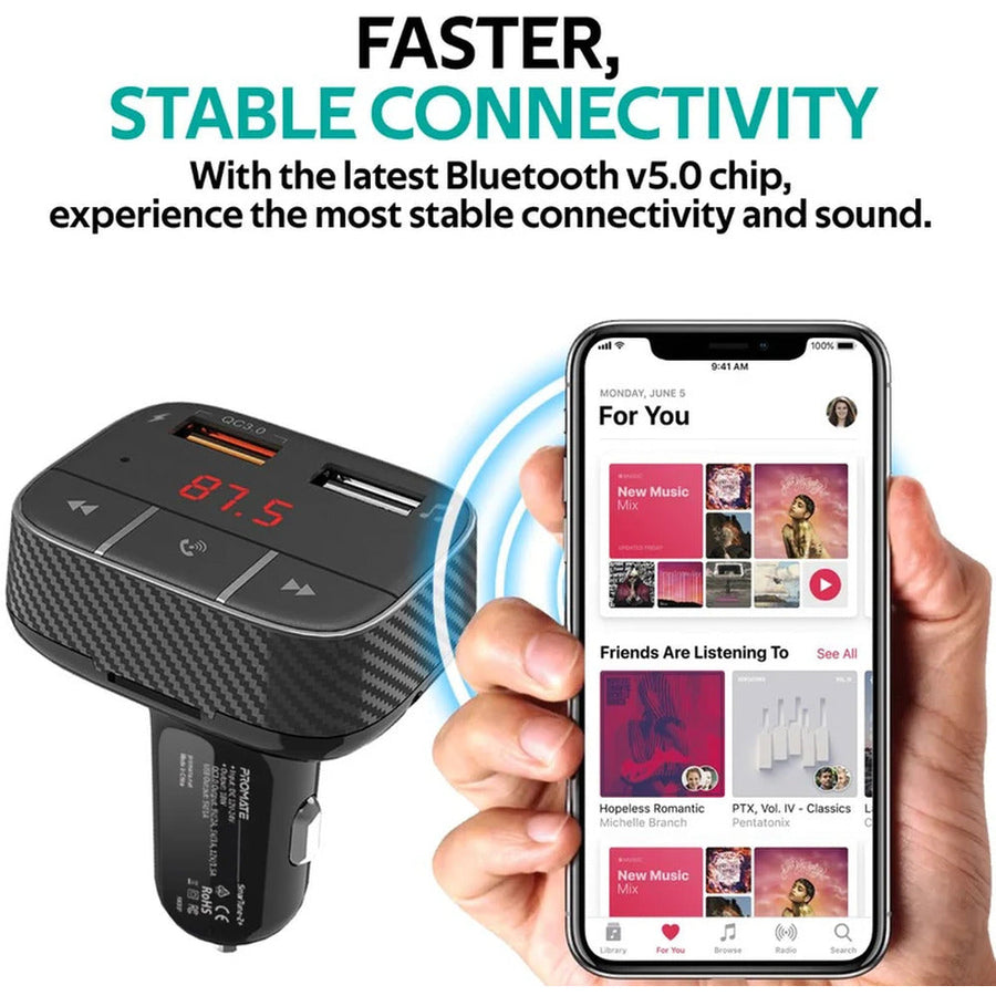 Promate SmarTune-2+ Bluetooth FM Transmitter USB Car Charger