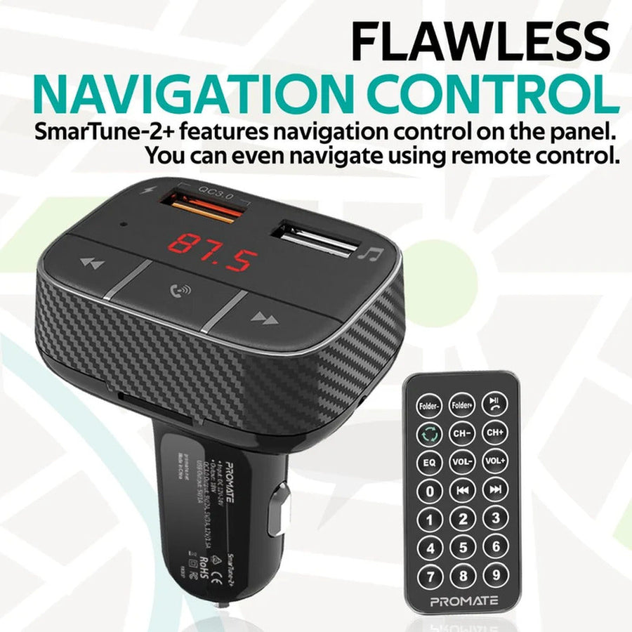 Promate SmarTune-2+ Bluetooth FM Transmitter USB Car Charger