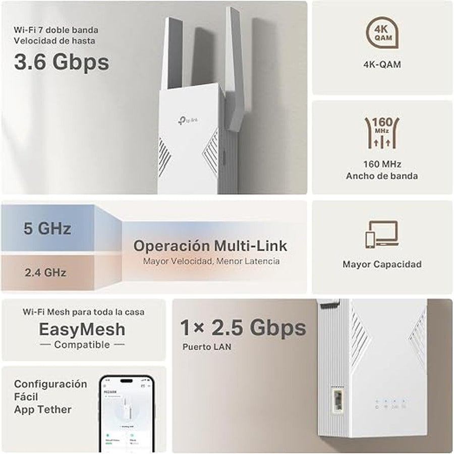 TP-Link RE235BE BE3600 Dual-Band Wi-Fi 7 Range Extender – 3.6Gbps, 2.5Gbps Ethernet, MLO & EasyMesh